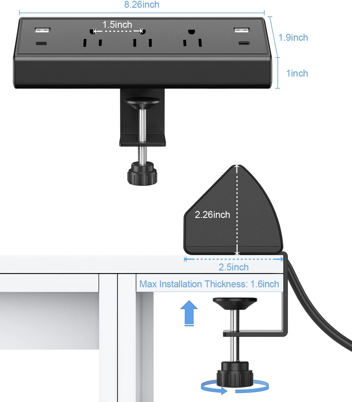 Desk Clamp Power Strip, Desktop Mount Surge Protector